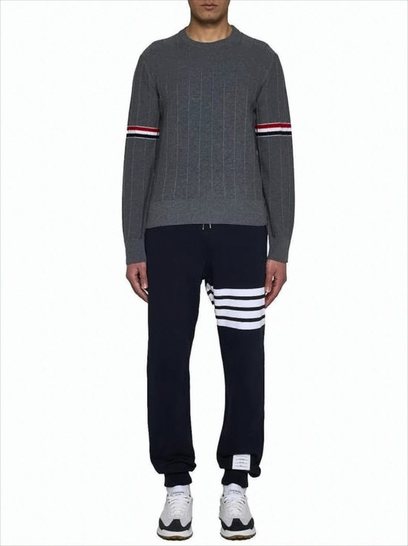 Thom Browne Boxy Grey Wool Sweater With Distinctive Horizontal Stripes