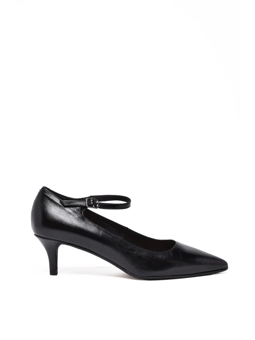 Carmens Black Strap Leather Pointed Toe Pumps
