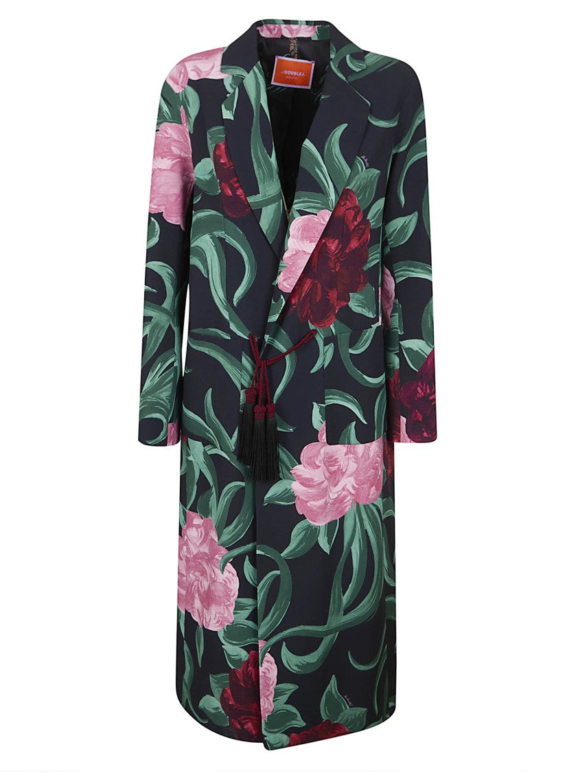 La Double J Full-Length Satin Duster Coat With Bold Peony Print