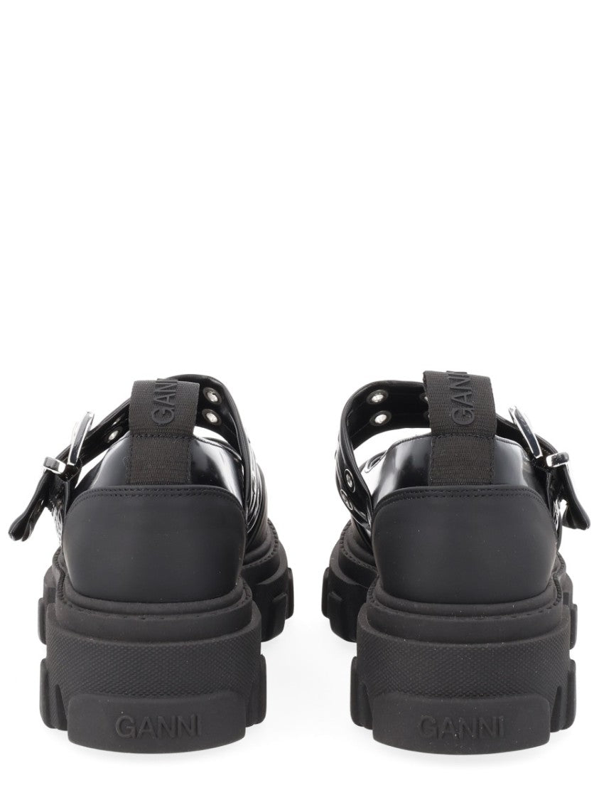Ganni Logo Buckle Eyelets Platform Flats