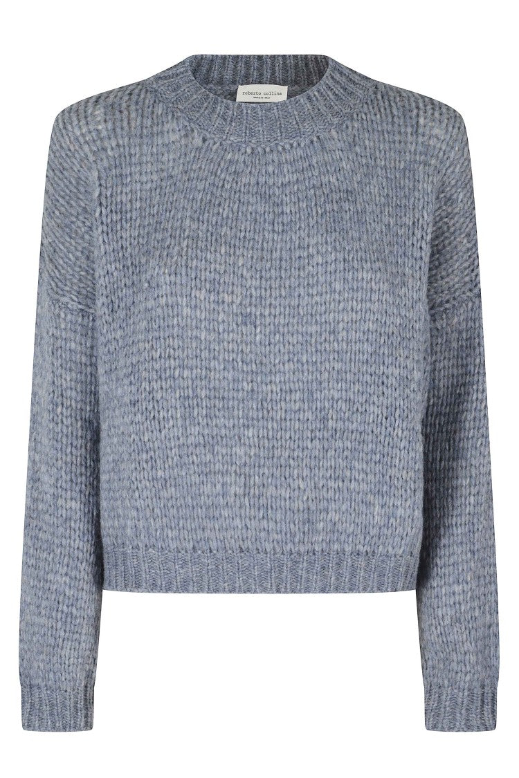 Roberto Collina Cropped Light Blue Chunky Knit Sweater With Ribbed Hems
