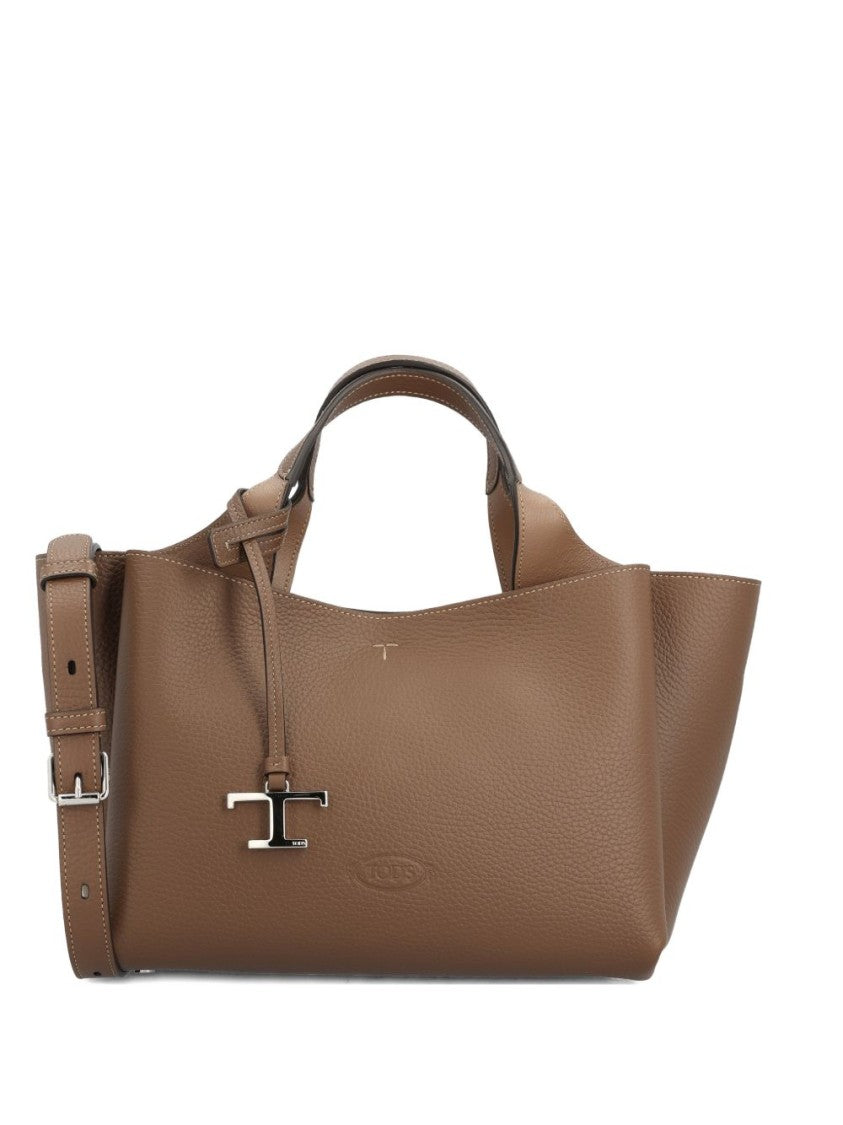 Tod's Brown Grained Leather T-Logo Charm Tote