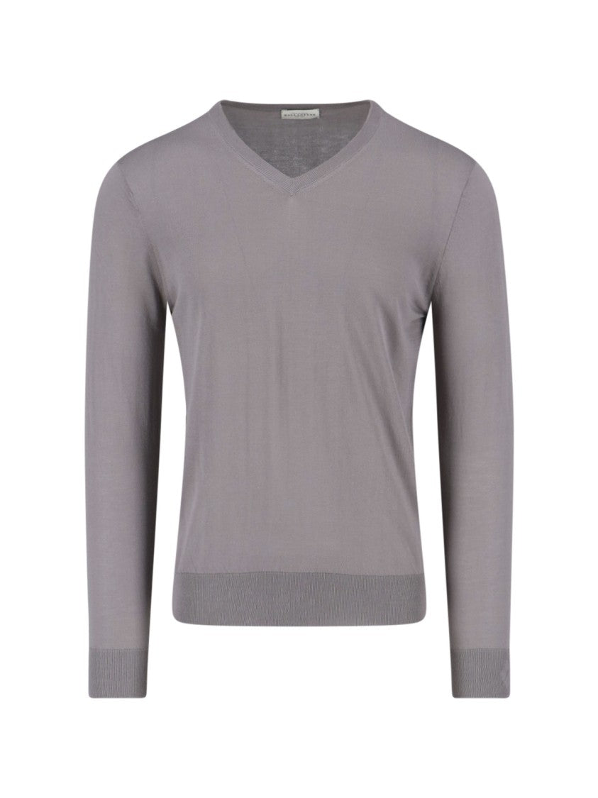Ballantyne Grey V-Neck Ribbed Cotton Knit Sweater
