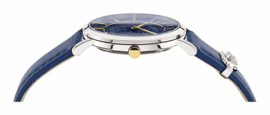 Versace Versace V-Essential Quartz Watch With Blue Dial And Leather Strap