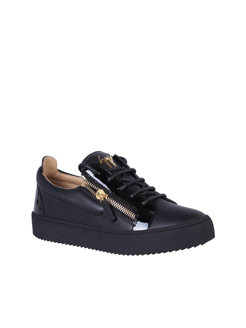 Giuseppe Zanotti Lace-Up Black Leather Sneakers Gold-Zipped Sides