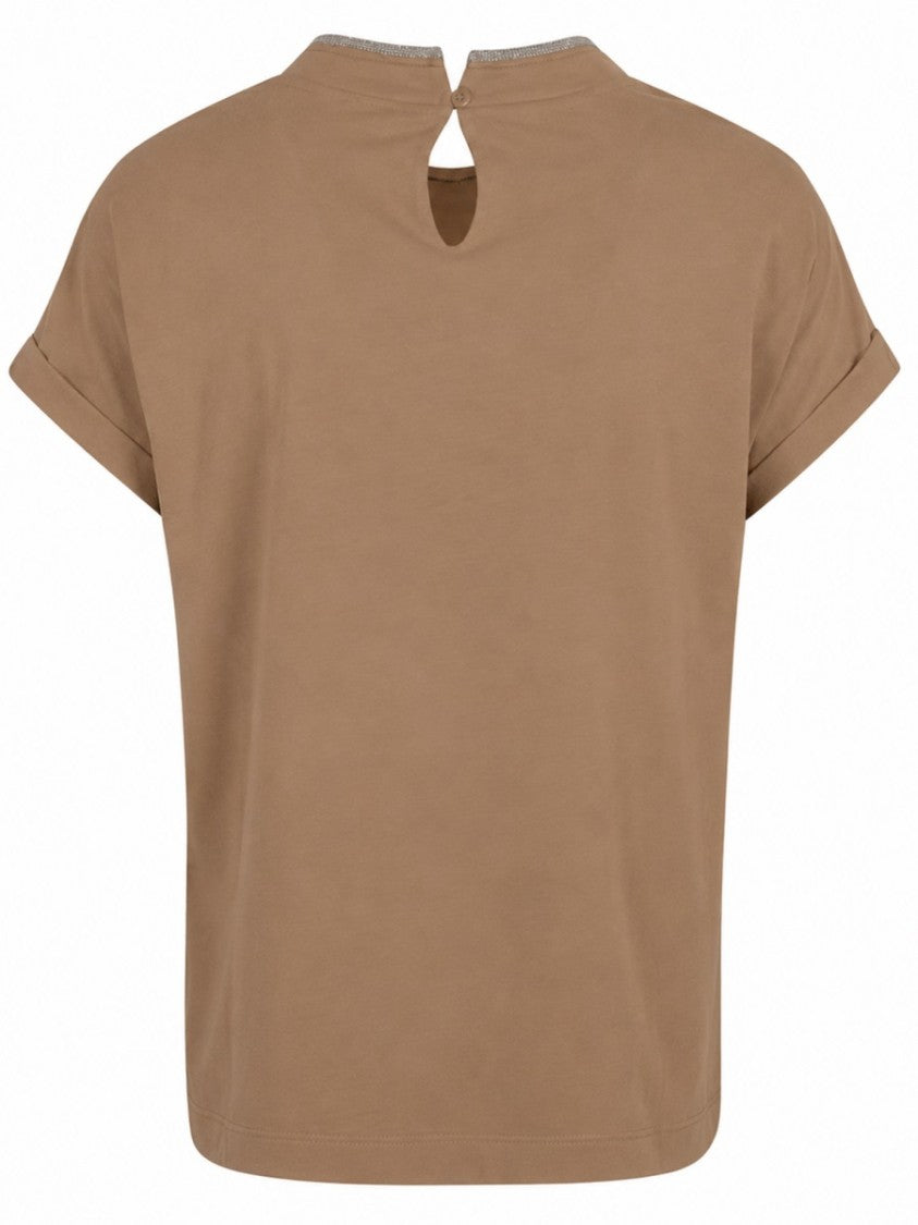 Brunello Cucinelli Brown Keyhole Jersey Cotton-Blend T-Shirt