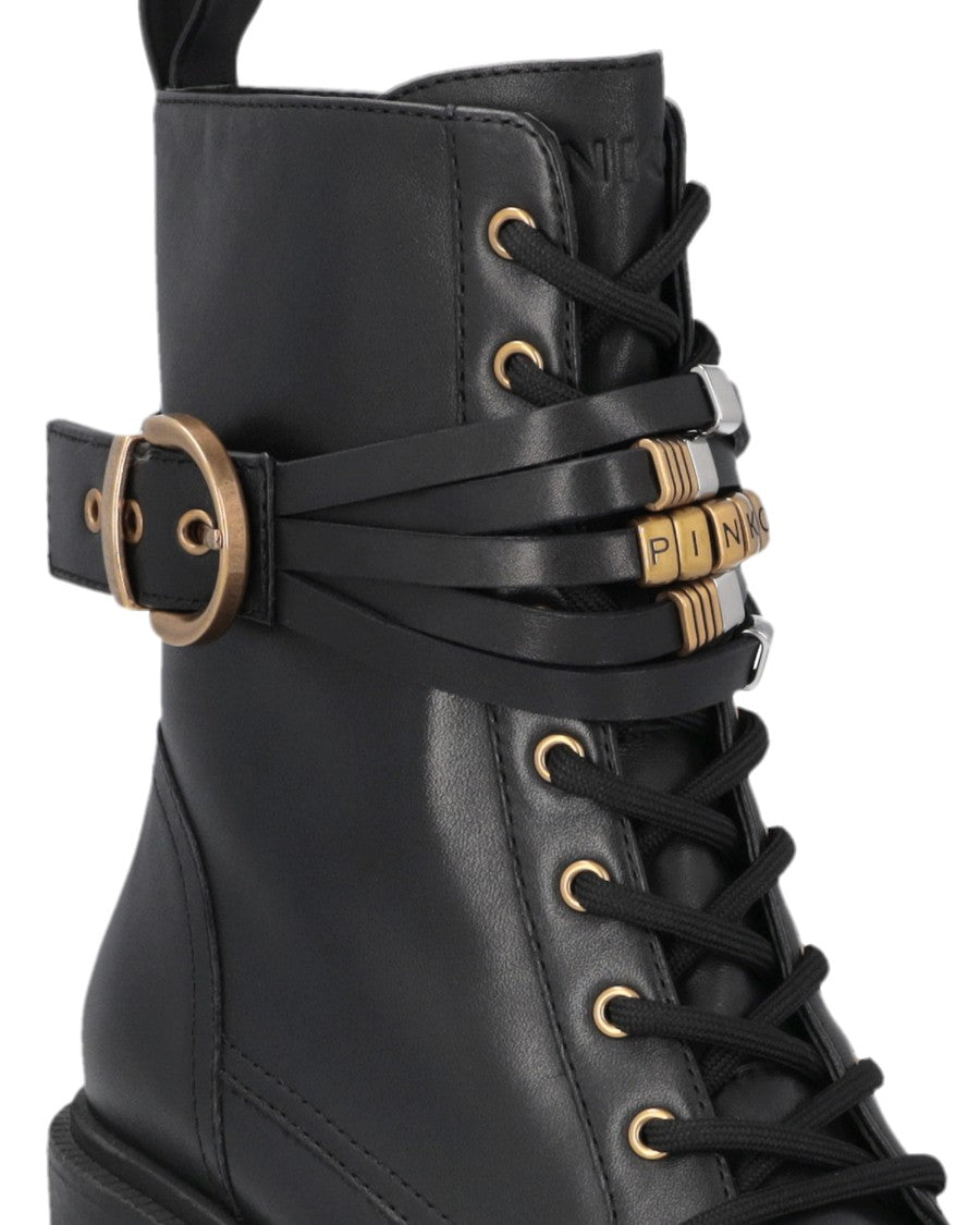 Pinko Black Leather Altea 01 Lace-Up Boots