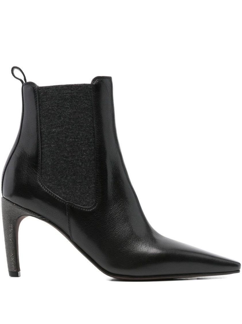 Brunello Cucinelli Pointed Toe Leather Ankle Boots With Stiletto Heel