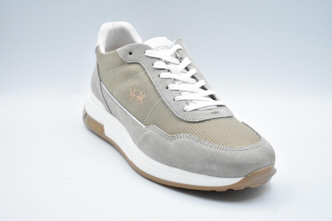 La Martina Beige-Bianco Perforated Suede Sneakers