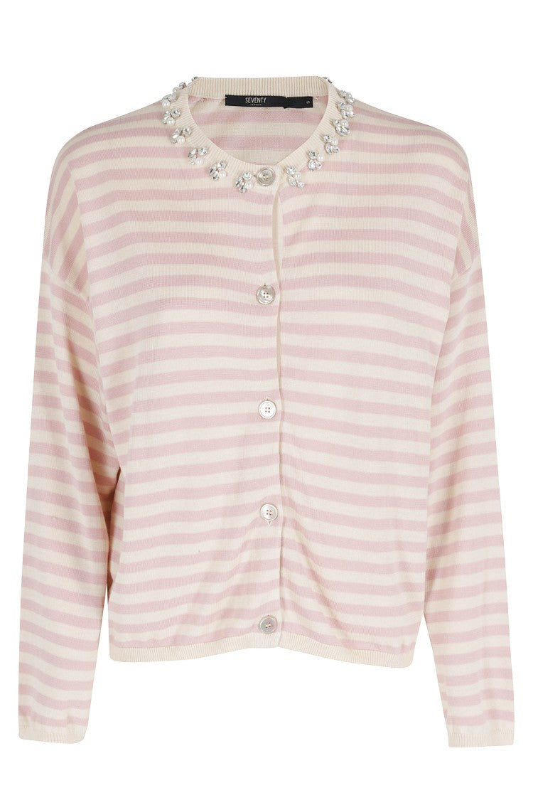 Seventy Striped Powder Cardigan Coreana Jeweled-Neck Lyocell Cardigan