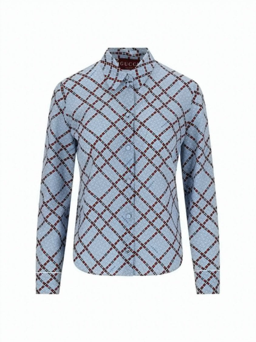Gucci Light Blue Geometric Silk Blouse With Classic Collar