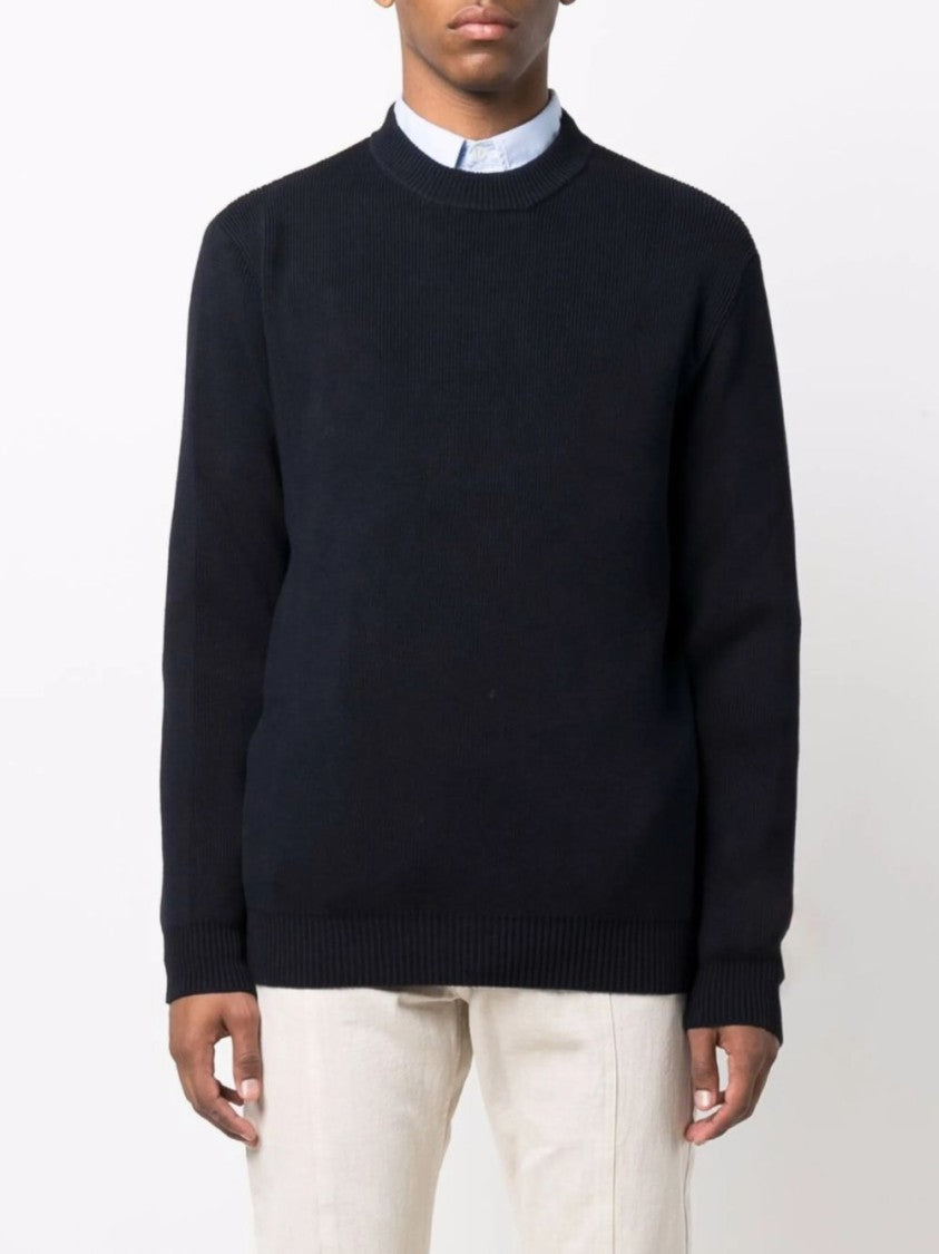 Golden Goose Dark Blue Ribbed Knit Sweater With Logo Patch
