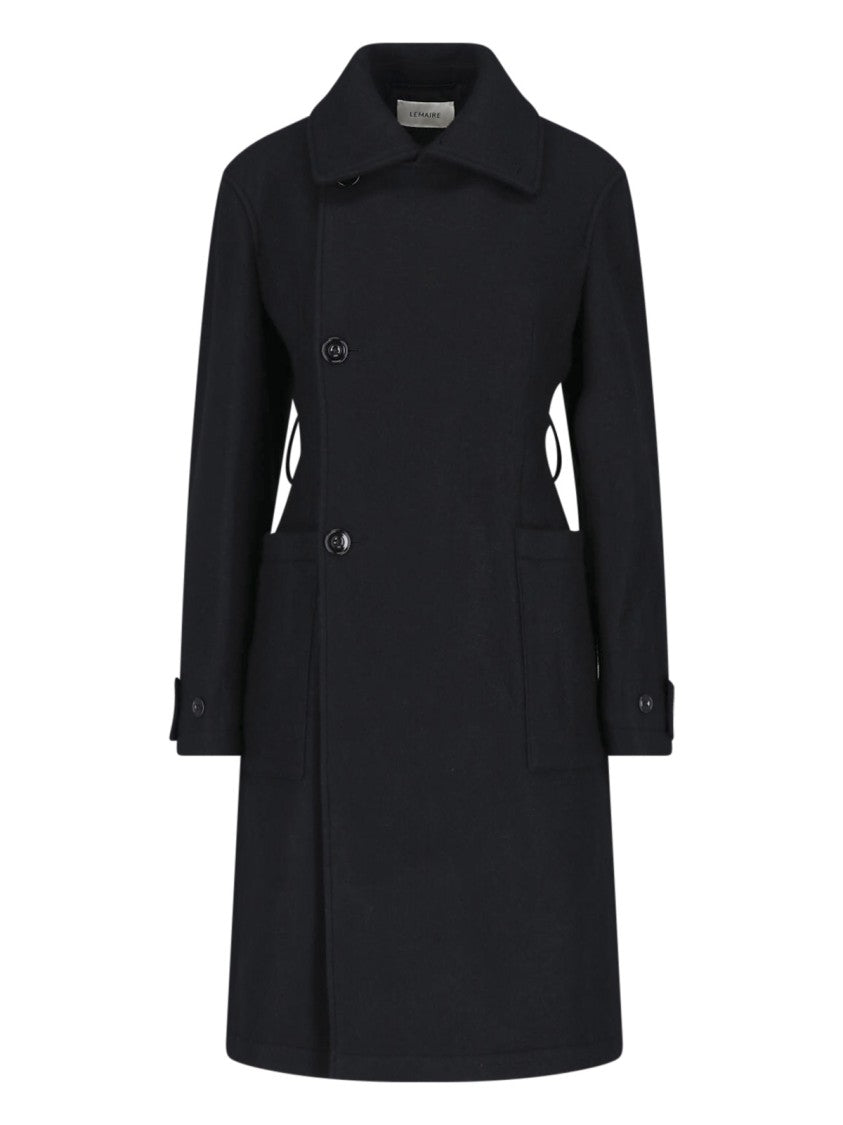 Lemaire Classic Collar Belted Black Wool Coat