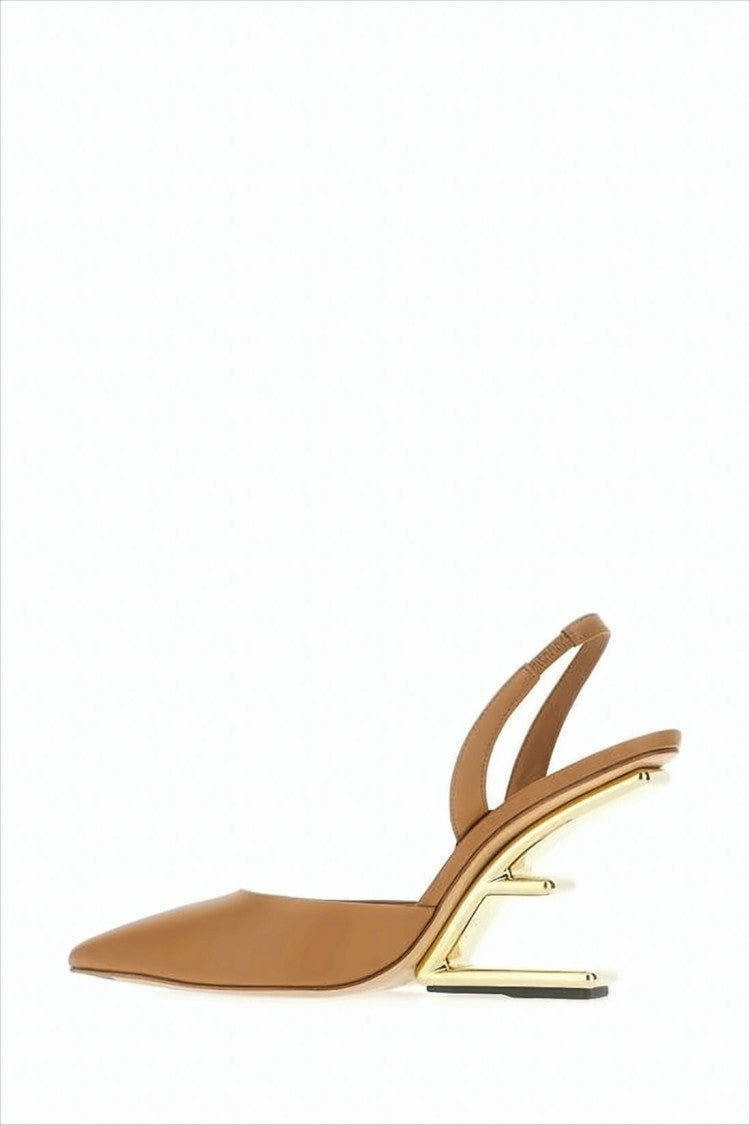 Fendi Sculptural Gold-Tone Heel Slingback Pumps In Calf Leather