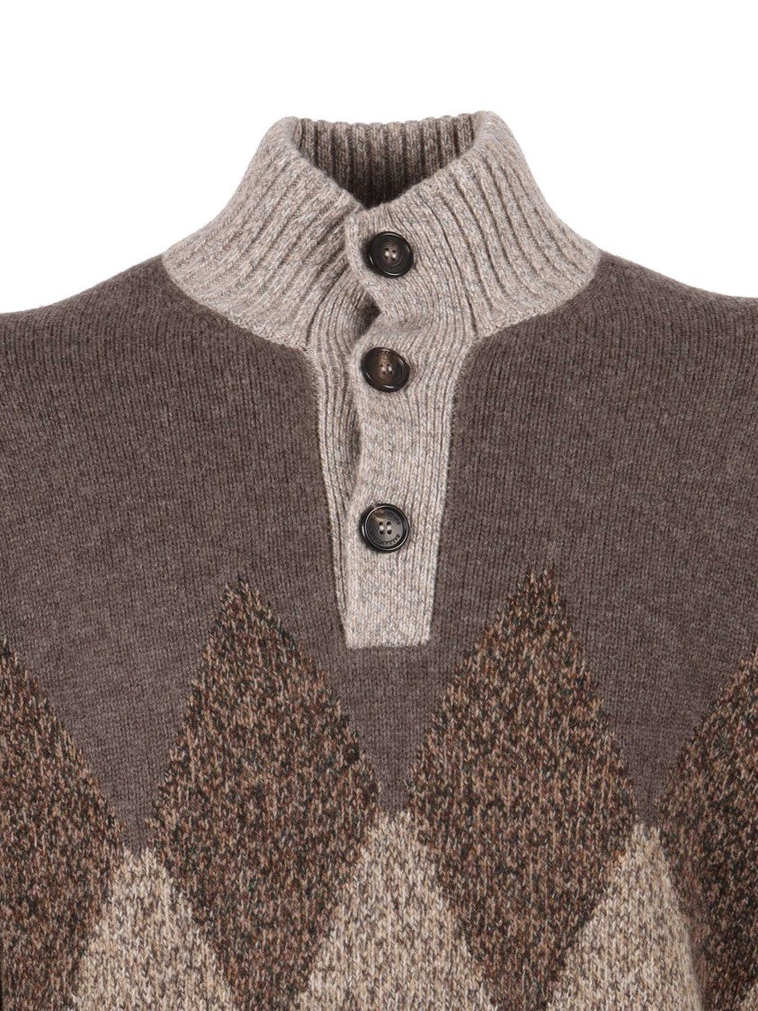 Ballantyne Argyle Pattern Wool Sweater With Buttoned Turtleneck