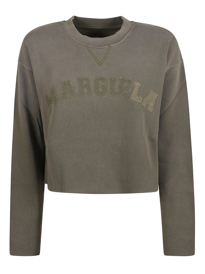 Maison Margiela Cropped Green Sweater With Textured Logo