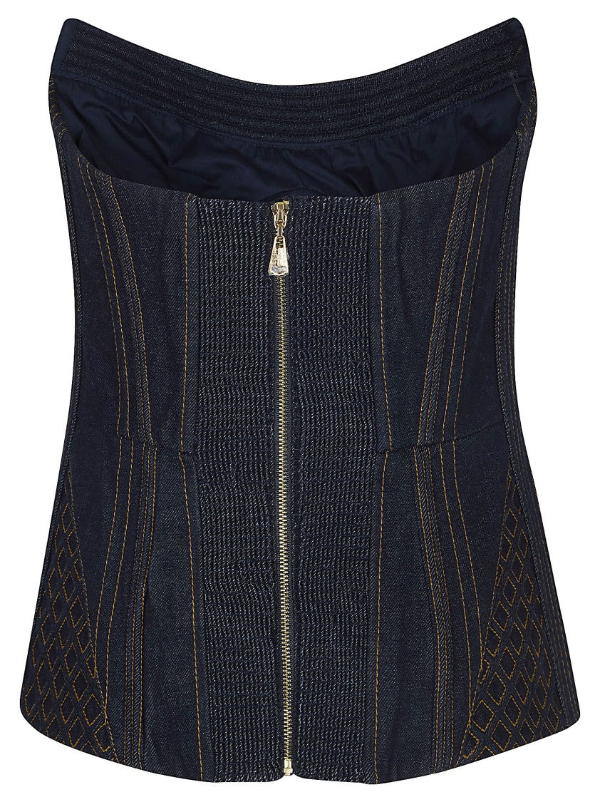 Zimmermann Rebellion Corded Denim Corset With V-Neckline And Exposed Topstitching