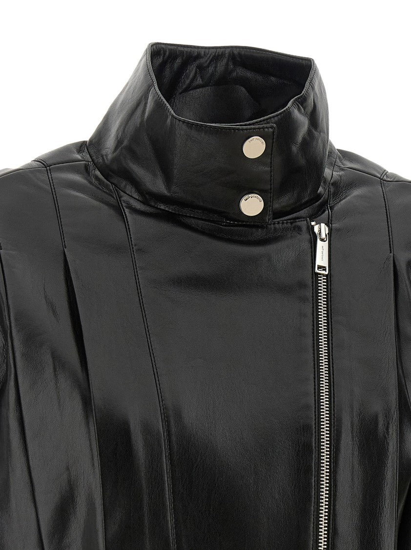 Self-Portrait Shiny Black Biker Jacket With Pleated Detailing And Asymmetric Zip Closure
