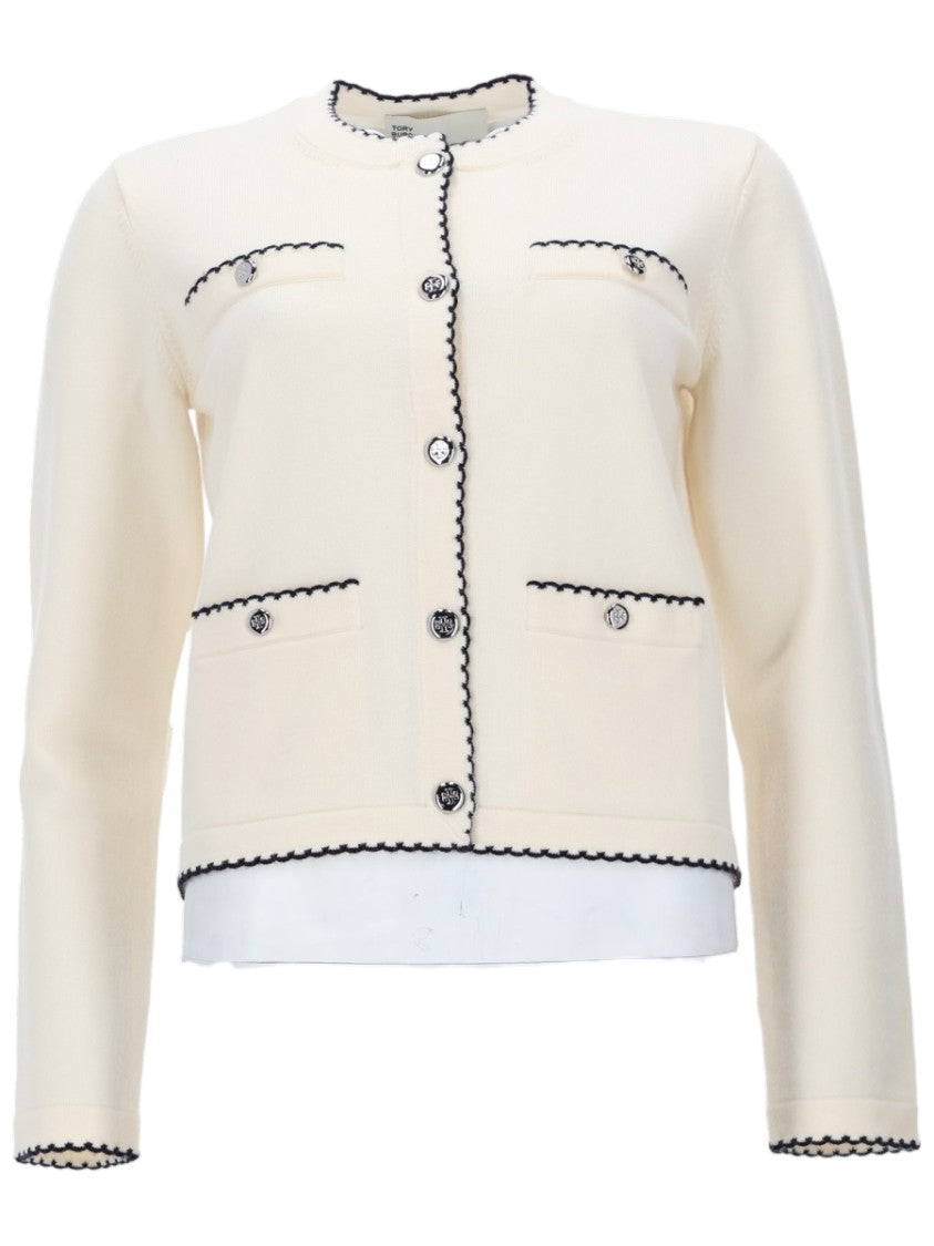 Tory Burch Cropped Wool Cardigan With Scalloped Edges And Decorative Buttons