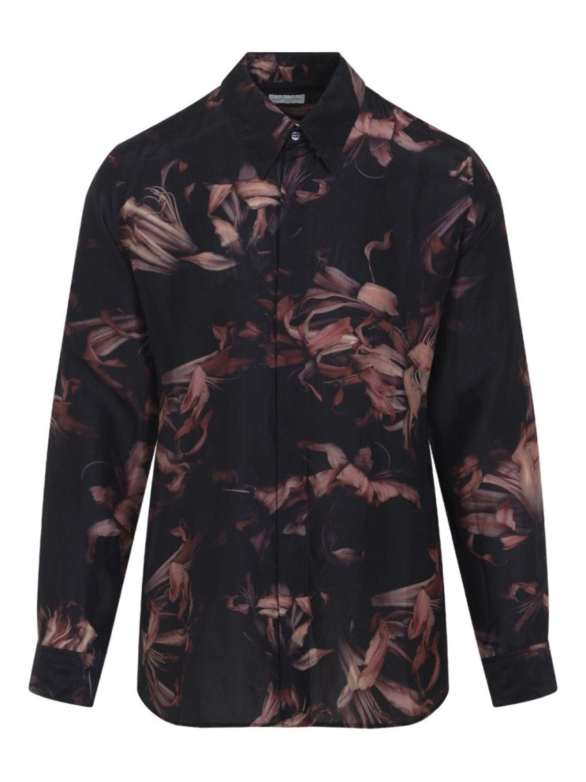 Dries Van Noten Black Silk Floral Print Button Shirt