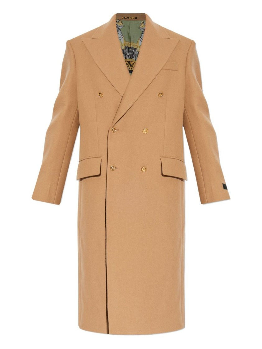 Versace Double-Breasted Beige Wool Blend Coat