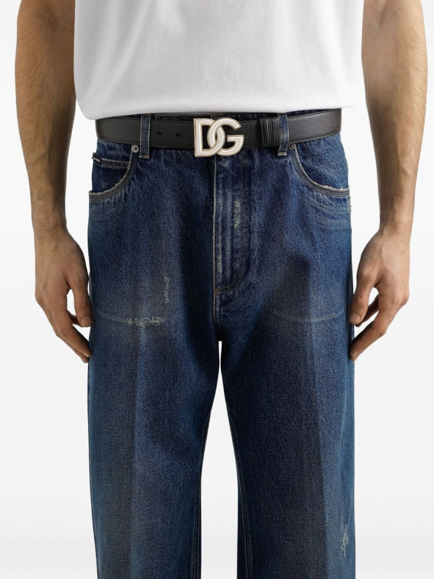 Dolce & Gabbana Black Textured Leather Logo Buckle Belt