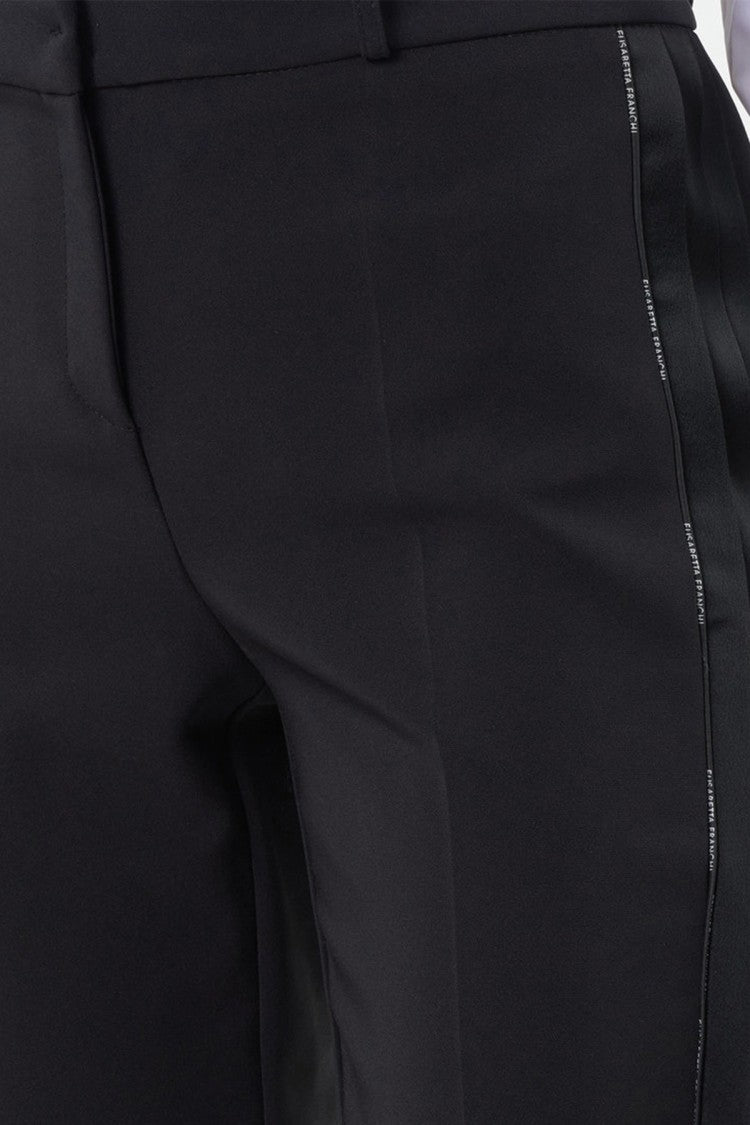 Elisabetta Franchi Black High-Waisted Crystal Side-Seam Polyester-Blend Tapered Pants