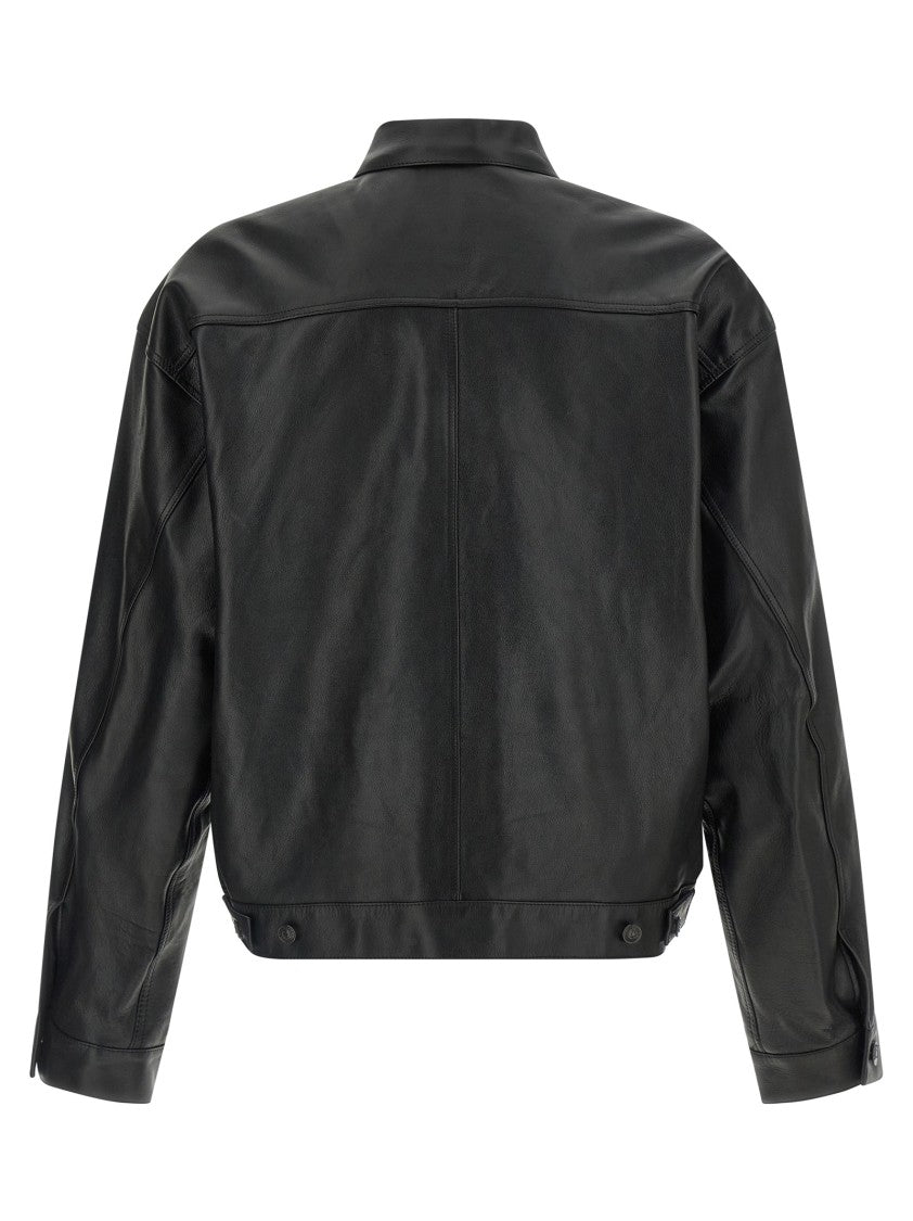 Balenciaga Garnet Buffalo Leather Shirt Jacket With Embroidered Gothic Denim Pattern