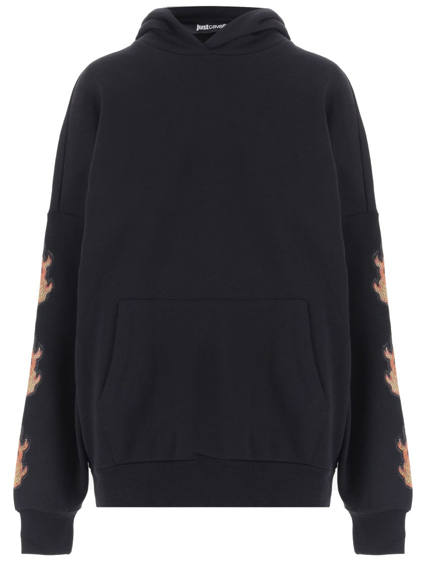 Just Cavalli Cotton Sweatshirt With Rhinestone Flame Detailing