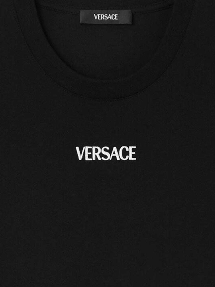 Versace Minimalist Black Cotton T-Shirt With Contrasting Logo
