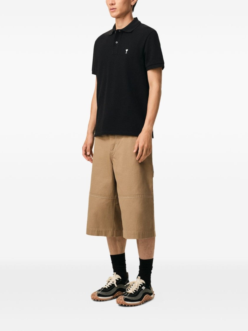 Ami Paris Short-Sleeve Black Polo With Boxy Fit And Embroidered Logo