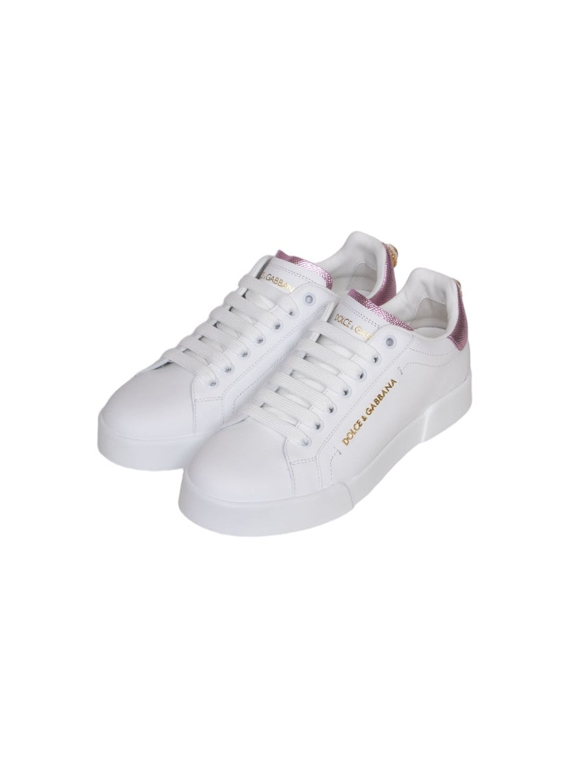 Dolce & Gabbana White Pink Leather Low-Top Sneakers