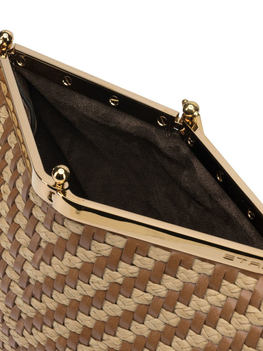 Etro Trapezoidal Woven Raffia And Leather Shoulder Bag