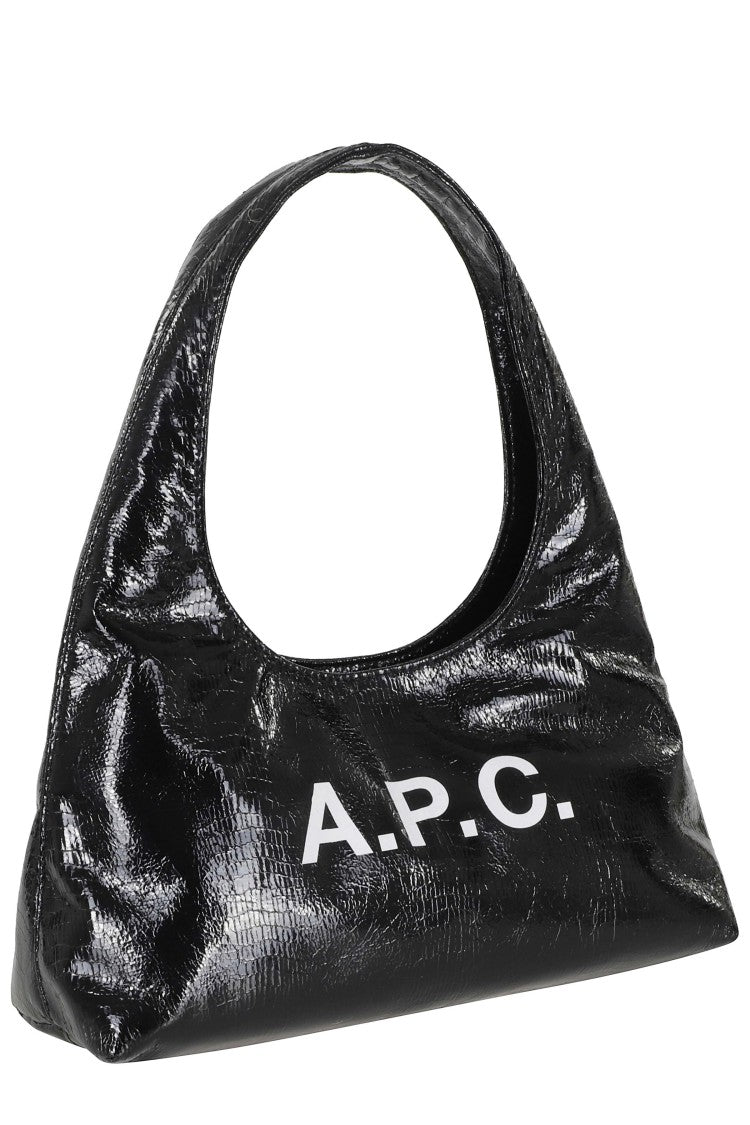 A.P.C. Black Craquelé Baby Ninon Shoulder Front-Logo Polyurethane Shoulder Bag