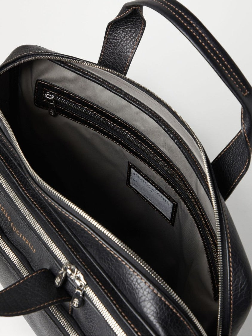 Brunello Cucinelli Structured Black Briefcase With Textured Leather
