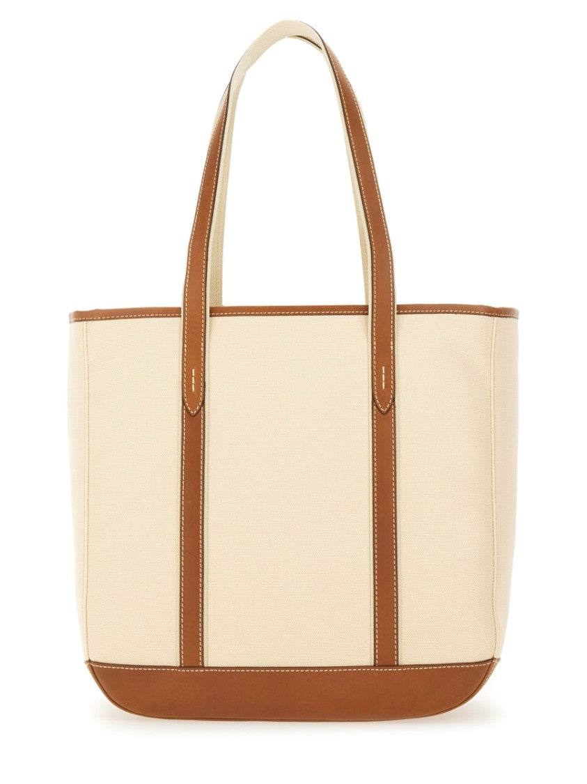 Polo Ralph Lauren Structured Tote Bag With Cream Canvas And Brown Leather Accents