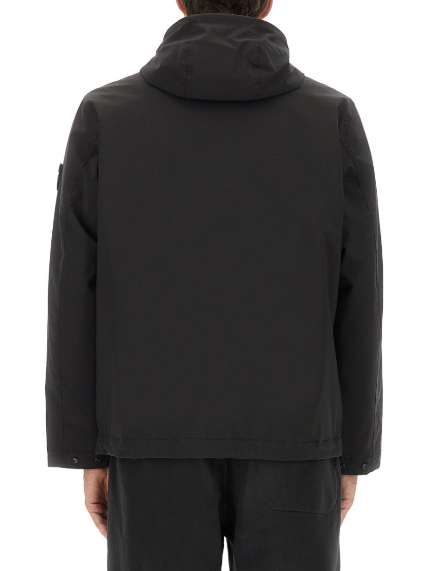 Stone Island Black Hooded Jacket With Zipper Closure