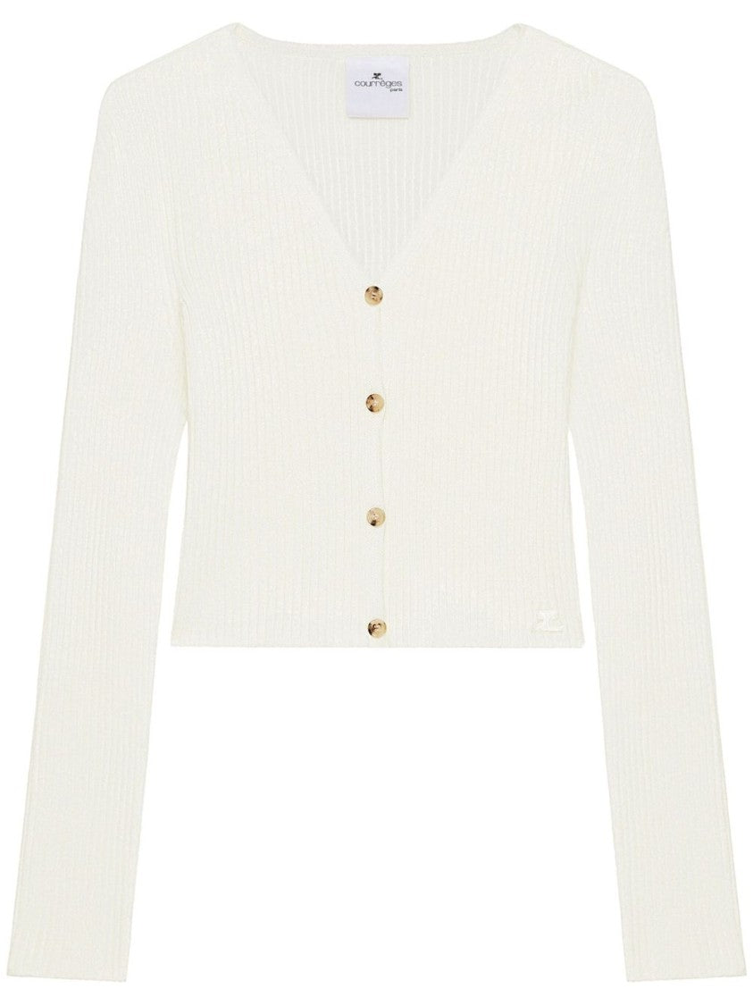 Courrèges White Appliqué Logo V-Neck Sweater