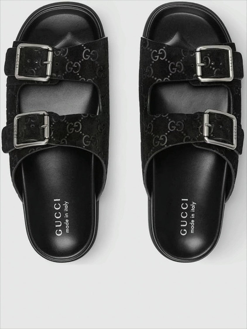 Gucci Monogram-Patterned Black Suede Sandals