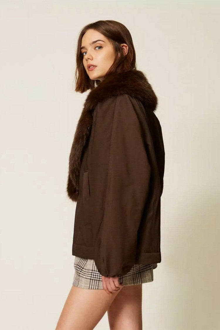 Twin-Set Brown Cotton-Polyester Blend Faux-Fur Collar Jacket