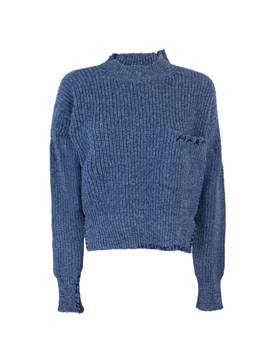 Marni Mouliné Blue Wool Sweater With Embroidery