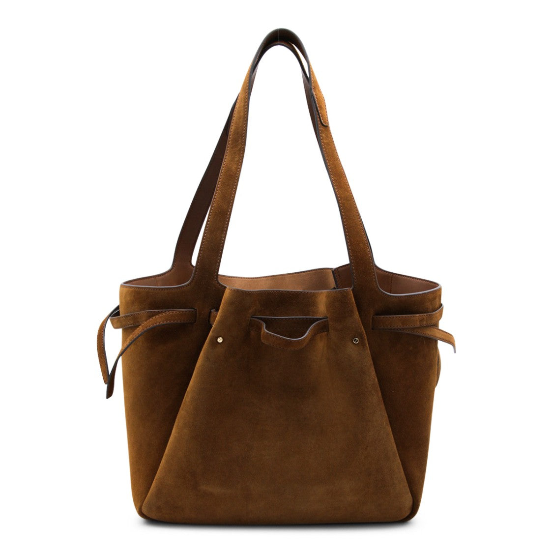Tory Burch Soft Suede Brown Tote With Adjustable Side Ties And Gold Accents