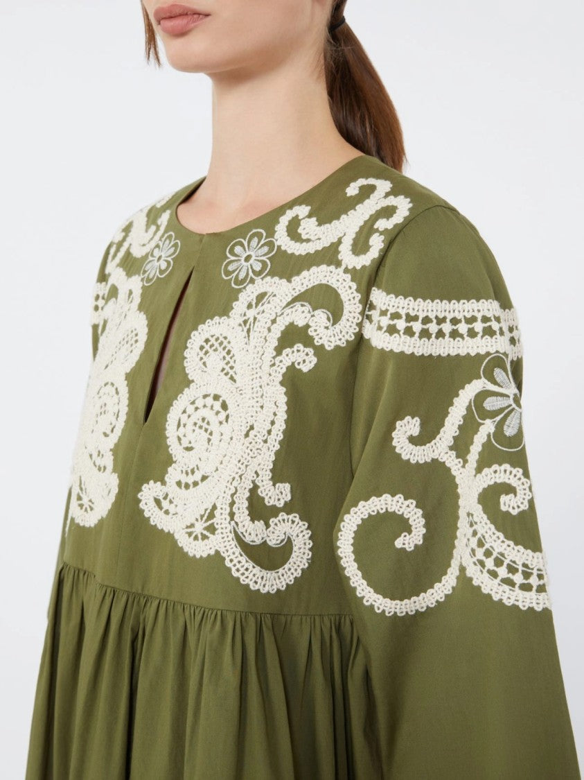 Max Mara Olive Green Midi Dress With Intricate Lace Embroidery