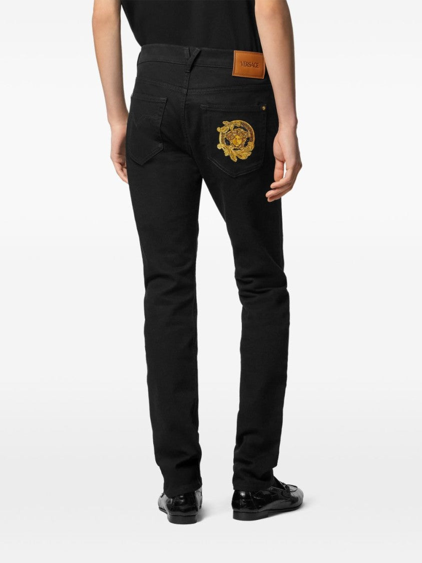 Versace Black Gold-Tone Embroidered Jeans