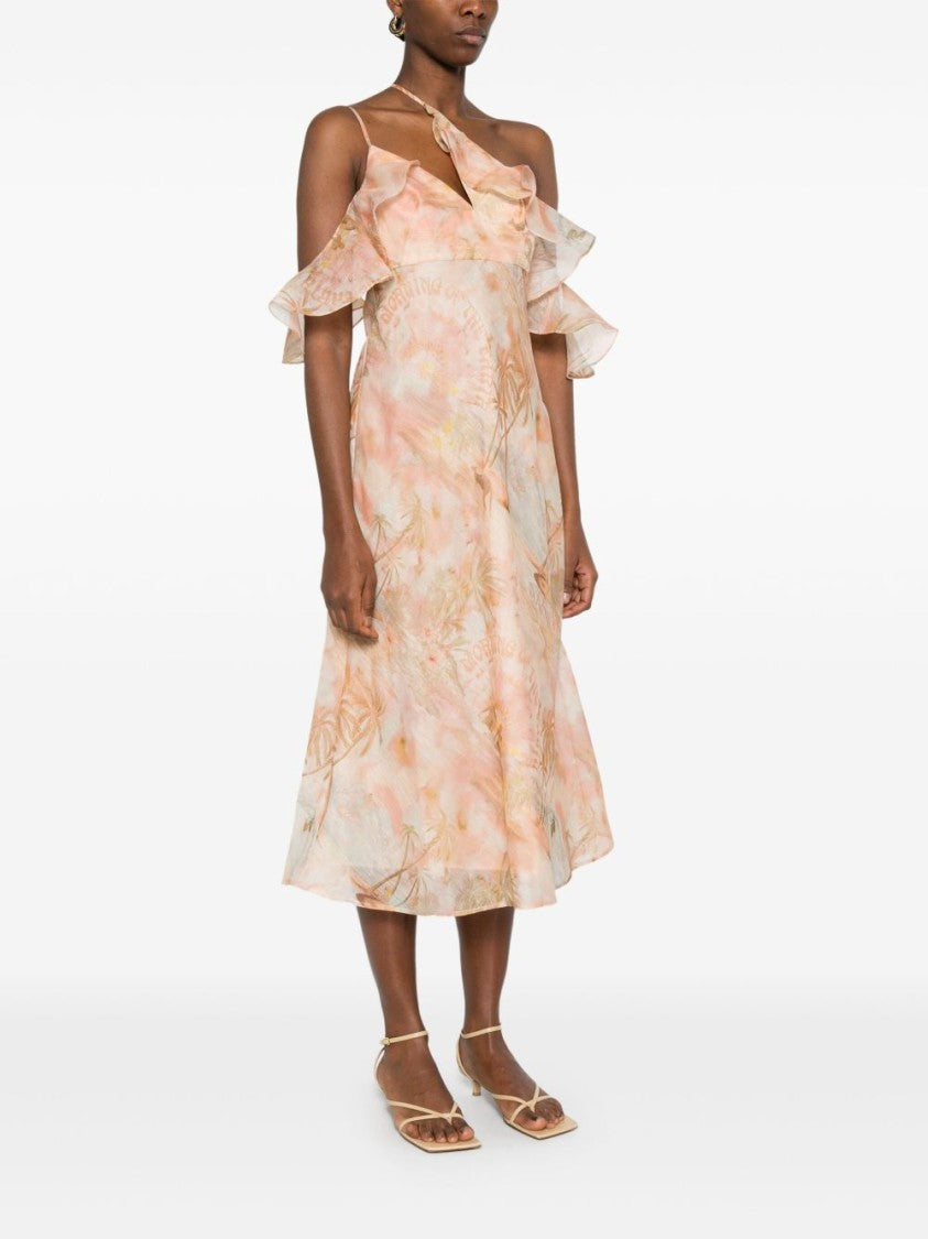 Zimmermann Floral Print Midi Dress With Ruffled Sleeves