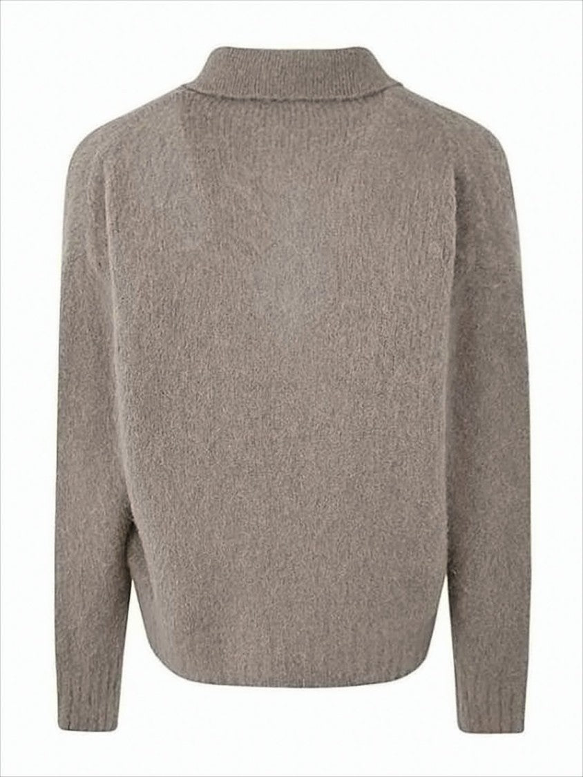 Ami Polo Collar Knit Sweater In Textured Alpaca Blend
