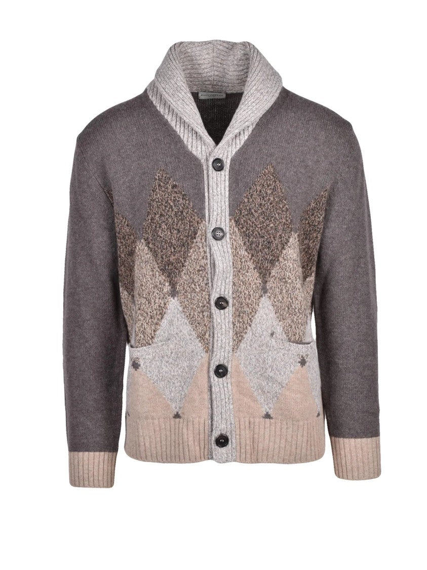 Ballantyne Brown Shawl Collar Argyle Wool Cardigan