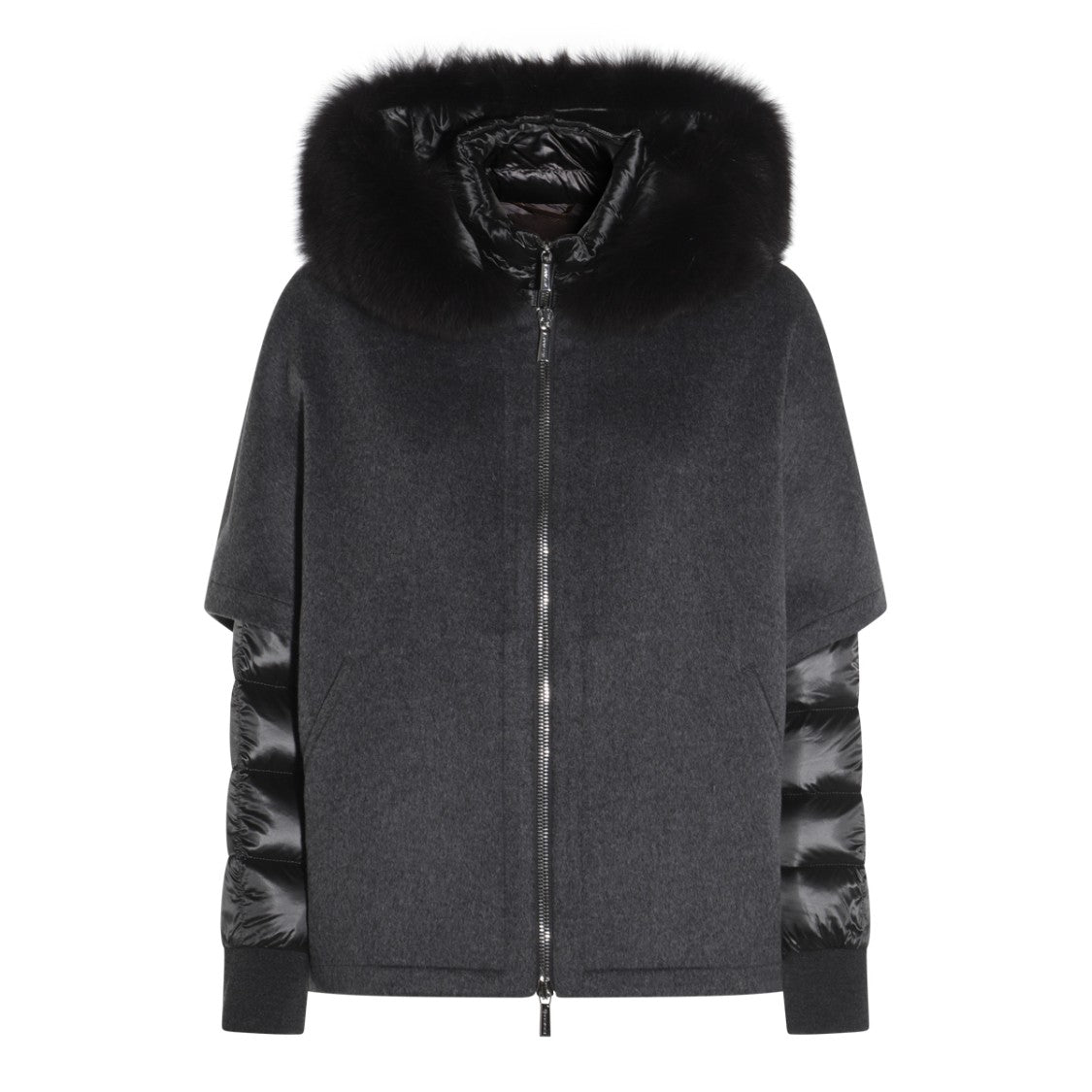 Moorer Wool-Textured Coat With Quilted Sleeves And Plush Fur Hood