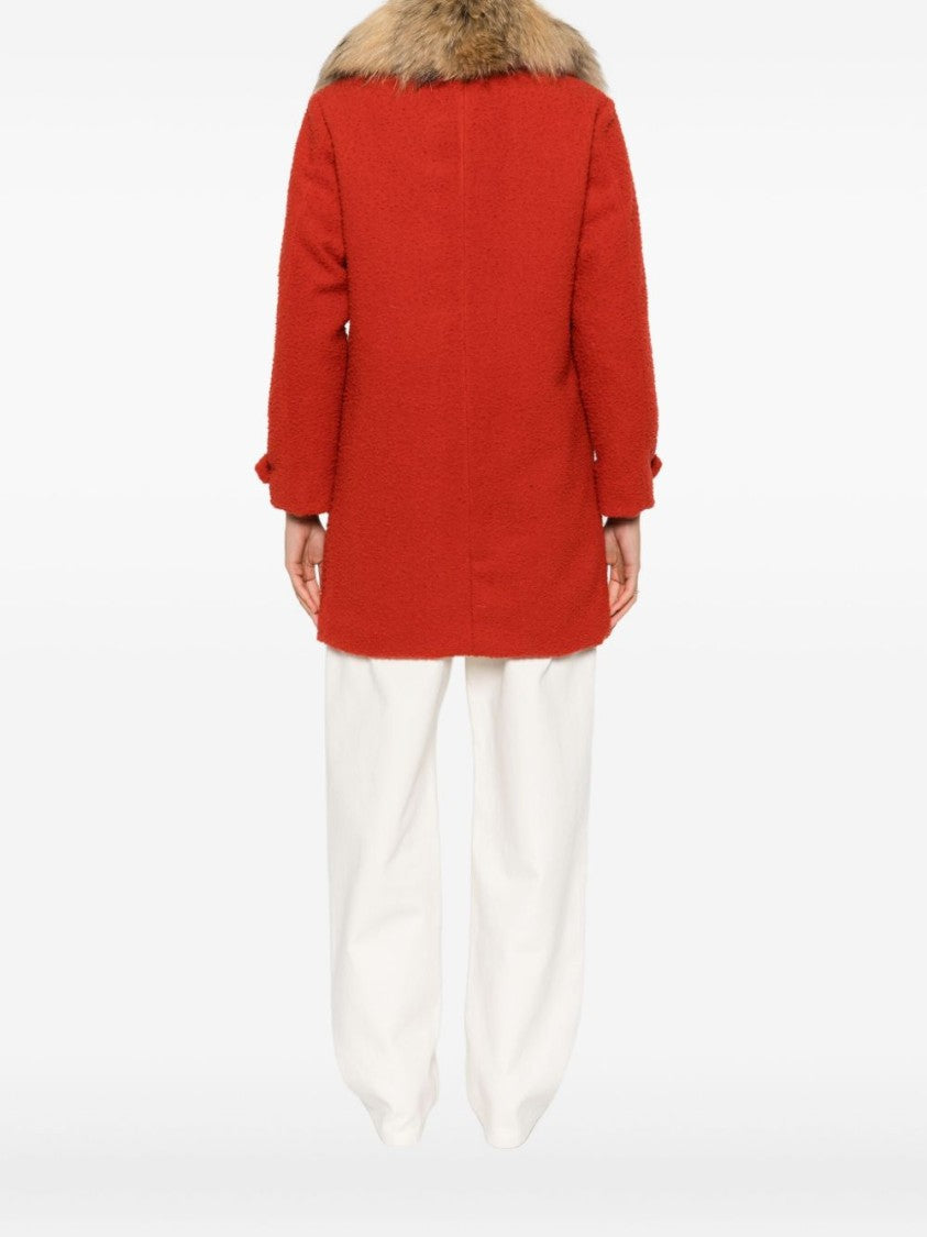 Capalbio Textured Red Wool Jacket With Fur Collar