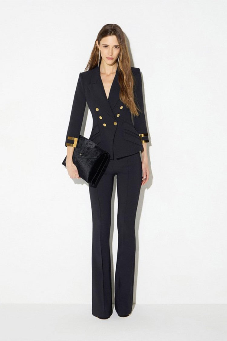 Elisabetta Franchi Black Double-Breasted Gold Buttons Polyester-Blend Blazer